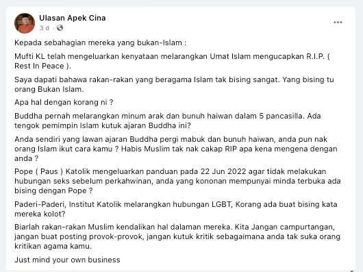 Tangkapan skrin FB Apek Cina