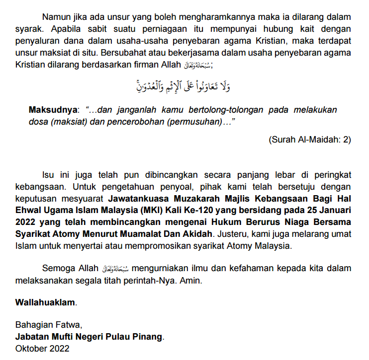 Umat Islam dilarang sertai, promosi syarikat Atomy Malaysia terkait Missiniori Kristianisasi – Mufti Pulau Pinang